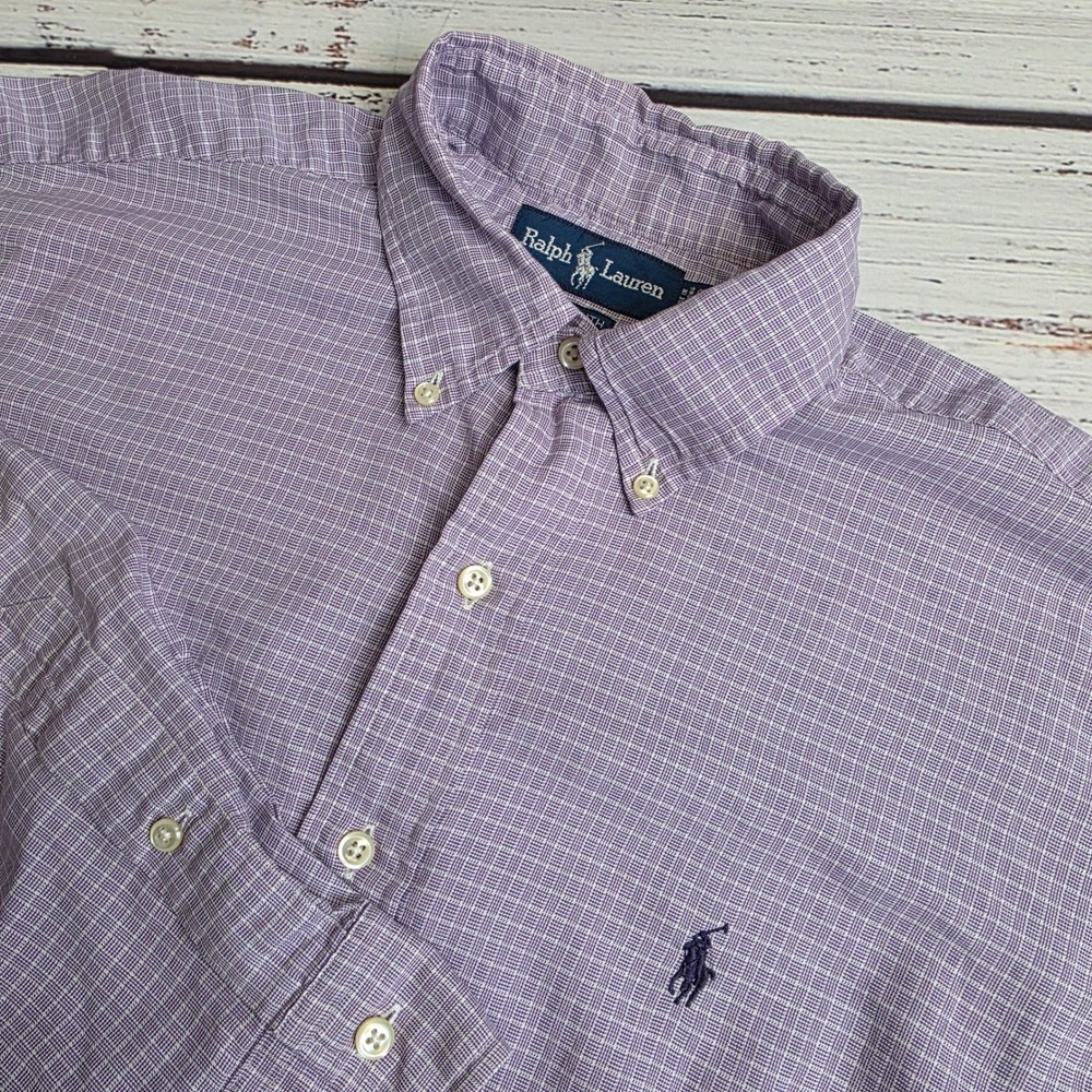 Ralph Lauren Yarmouth Mens 15-33 Purple Check Cotton Button Down Dress Shirt Med